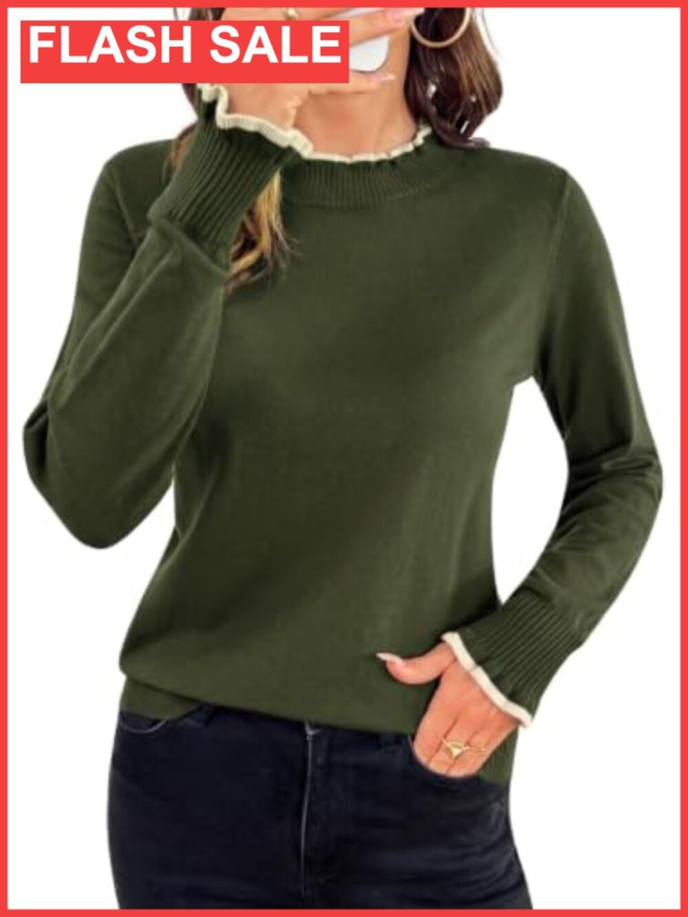Womens Ruffle Mock Neck Pullover Sweater Long Sleeve Knit